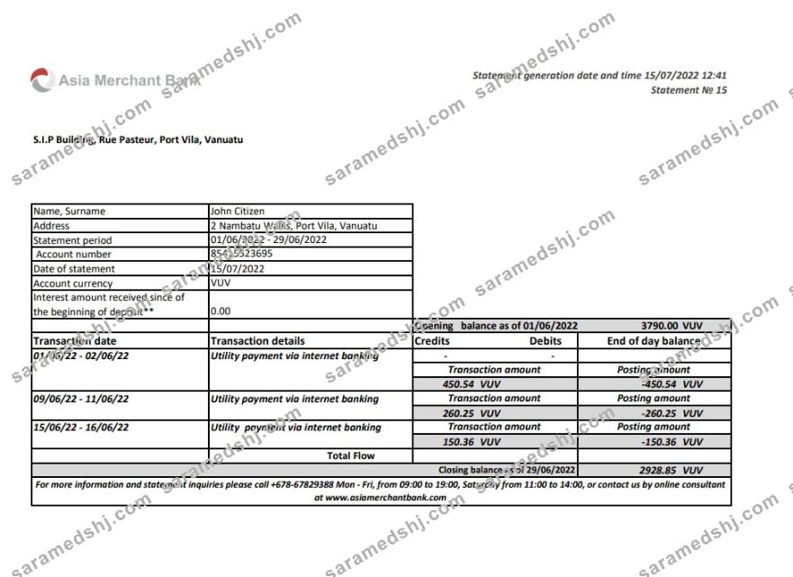 Vanuatu Asia Merchant bank statement